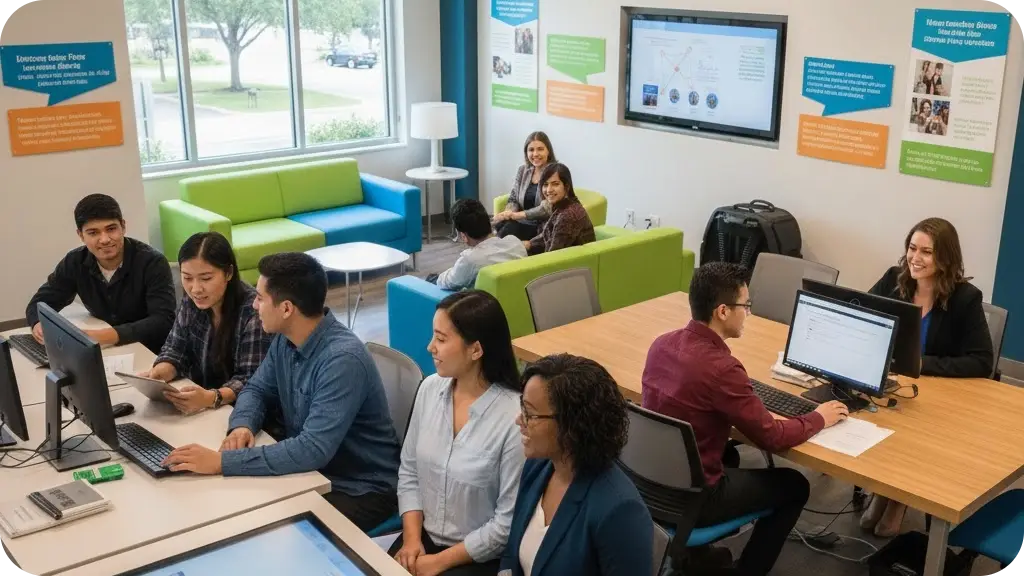 A diverse group of people in a career center