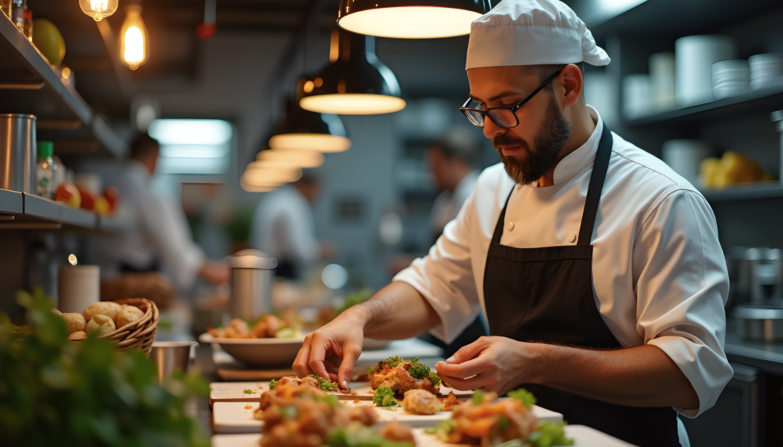 Chef preparing food in a kitchen of a restaurant.