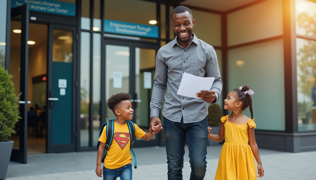 A happy man walking out of the career center with his children happy because he just found out he got a job through the NCPEP Program