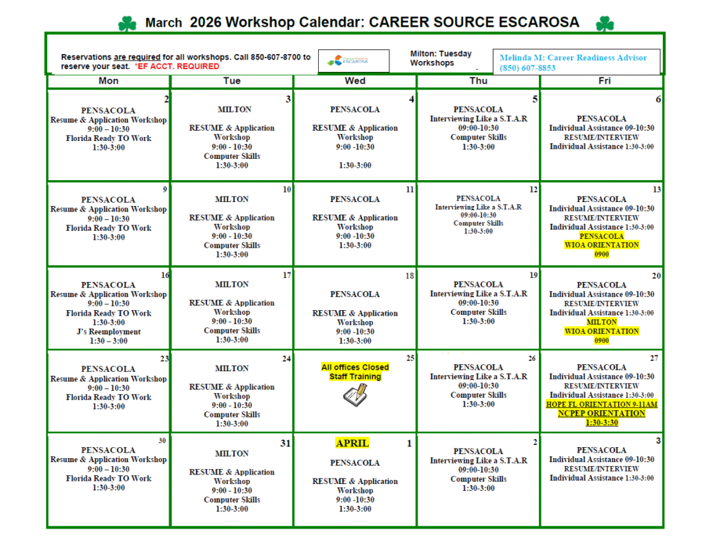 March 2026 CareerSource Escarosa Workshop Calendar. Call 850-607-8700 to schedule.