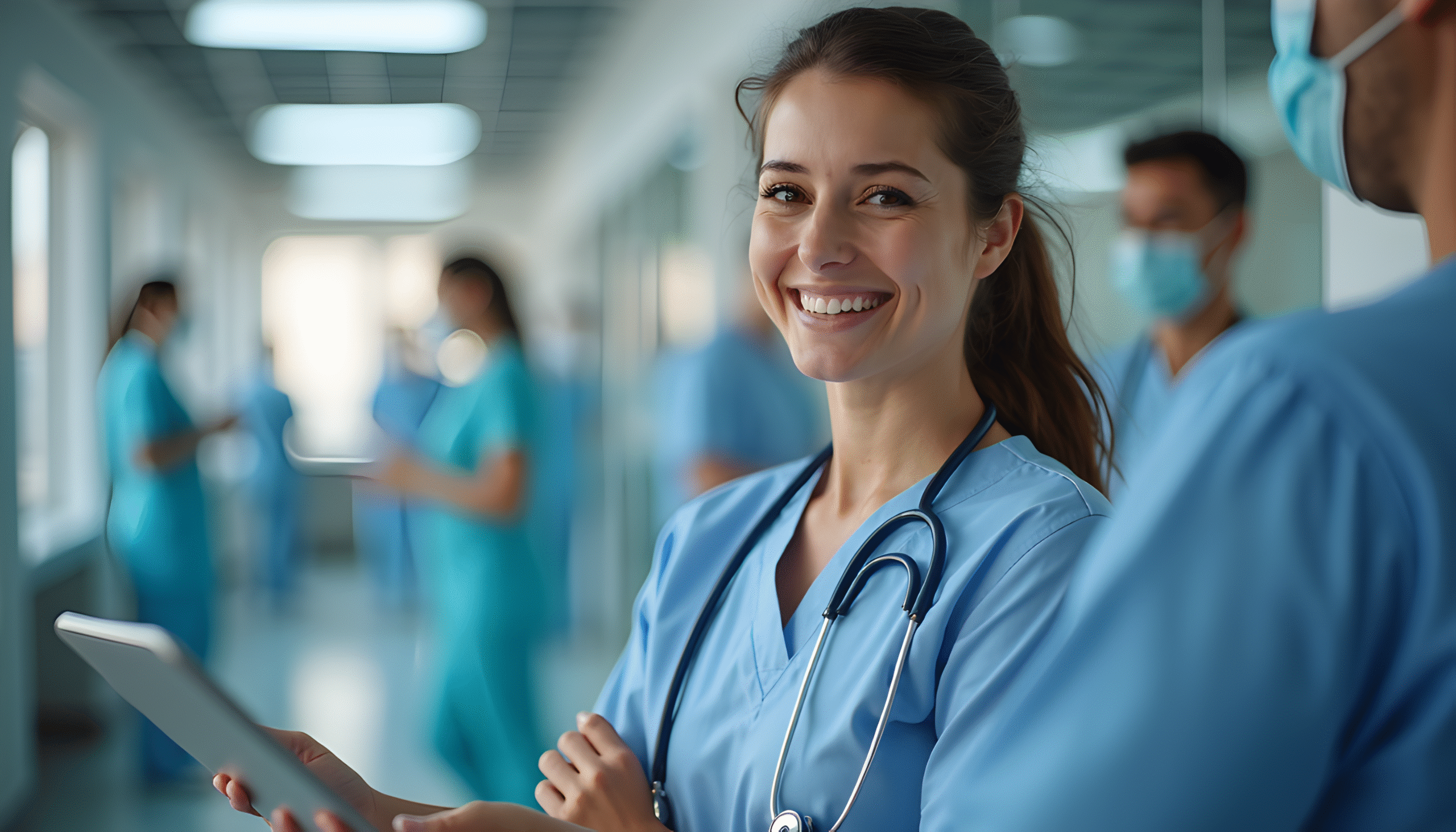 Image of a smiling Nurse at work in a hospital.