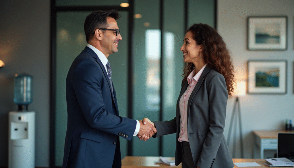 business professionals shaking hands in an office environment