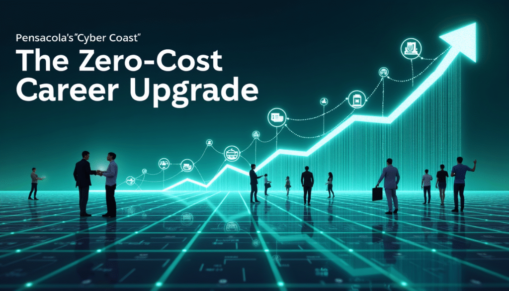 a clean, modern featured image for an article titled “The Zero-Cost Career Upgrade: How to Break Into High-Wage Jobs in the 2026 Pensacola Market.” Show diverse adults in a workforce training or career development setting, with visuals of upward mobility such as arrows, pathways, or progress icons