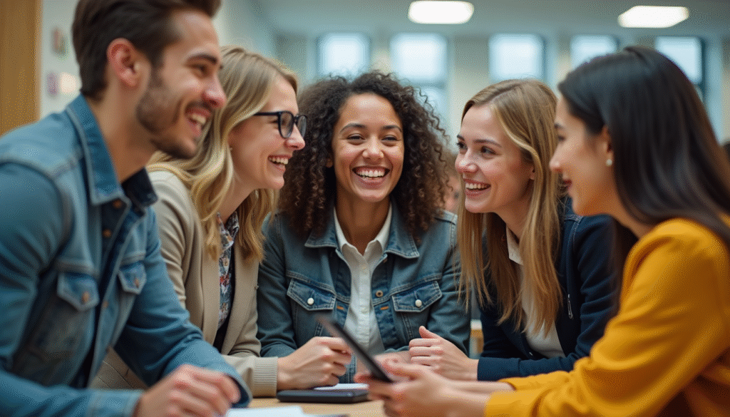 Happy young people in a career center talking about the WIOA Program