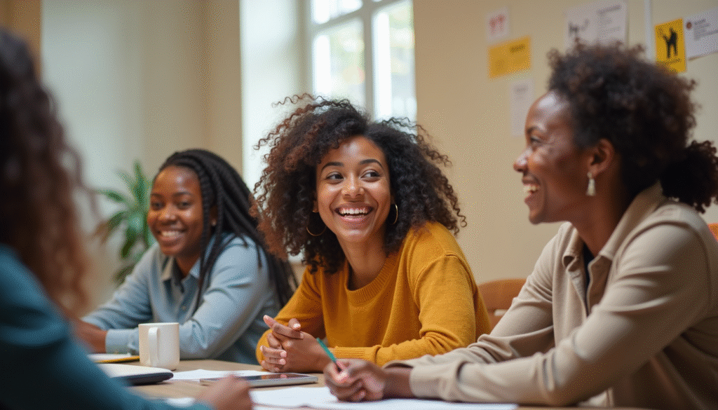 an uplifting featured image showing real people overcoming low-wage work and entering high-demand careers. Diverse adults smiling, training, or celebrating graduation. Soft lighting, warm colors, and bold symbols of growth such as ladders, arrows, or pathways