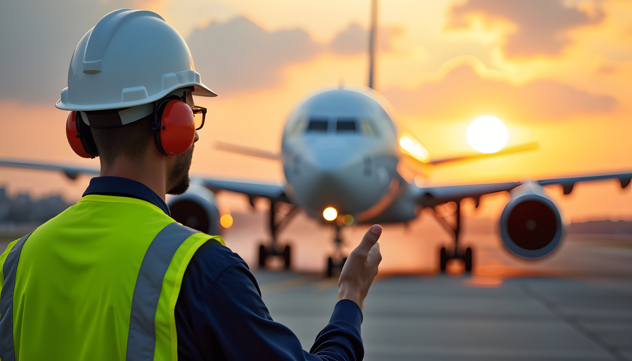 Airport worker directing an airplane on the tarmac of an airport