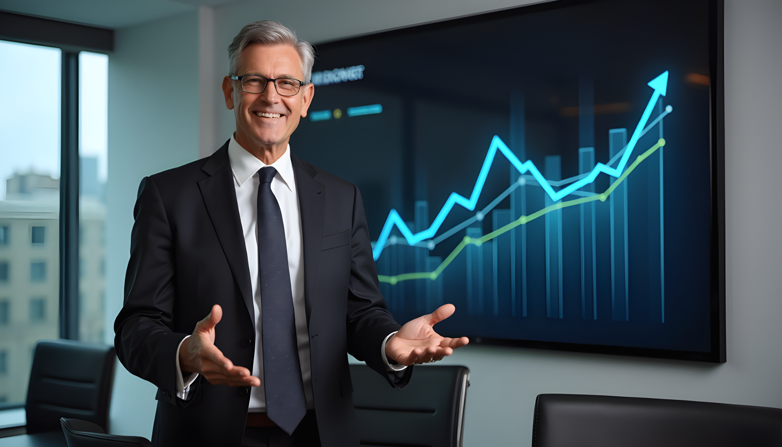 A happy CEO in a Boardroom stock prices rising on a monitor on the wall