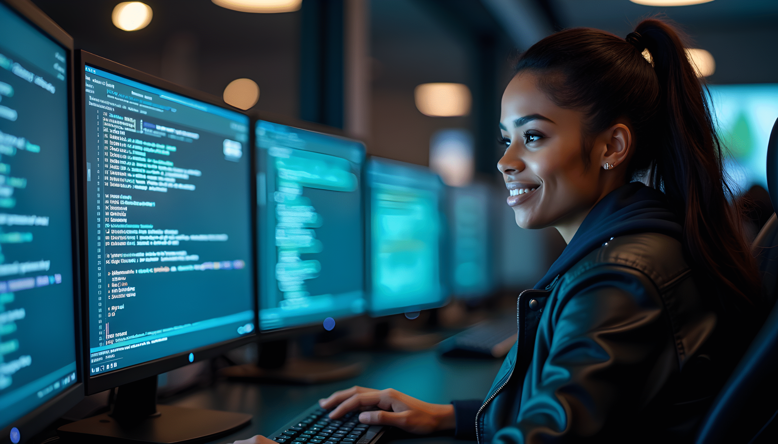A Cybersecurity Analyst sitting in a dim lit room of computer's scanning code