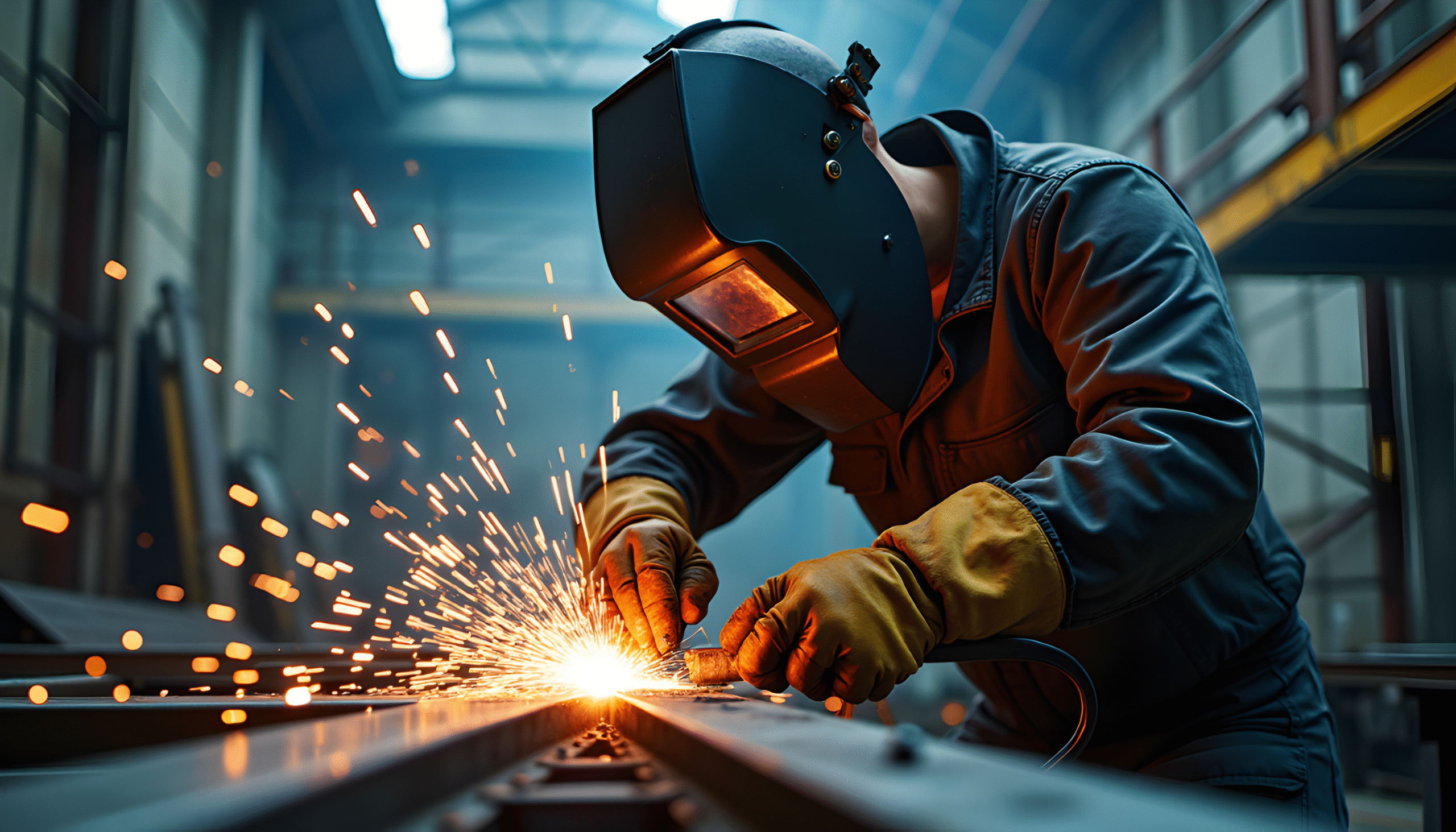 Man welding on steel with sparks flying.